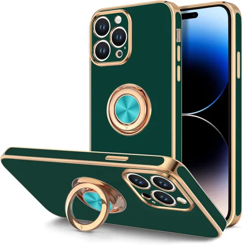 Vista 10 de Hython - Funda para iPhone 14 Pro con soporte de anillo [soporte magnético de anillo giratorio de 360°] [soporte para montaje en coche] Borde dorado