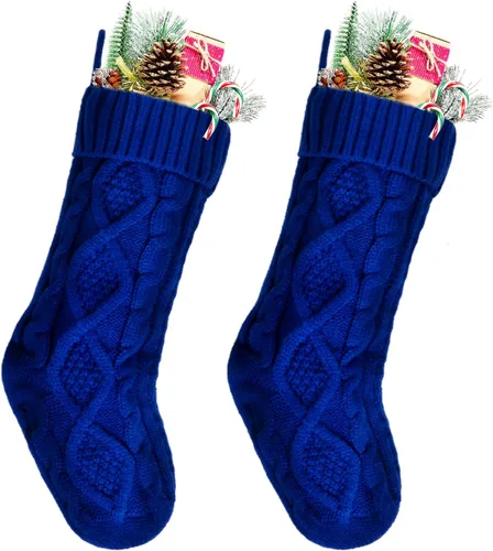 Vista 4 de Medias de Navidad a granel, medias de punto trenzado azul de 18 pulgadas para decoración navideña de vacaciones, paquete de 6