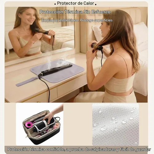 Vista 3 de BAGCRAZY Bolsa de viaje para herramientas para el cabello con alfombrilla resistente al calor, funda organizadora de herramientas para cabello Negro