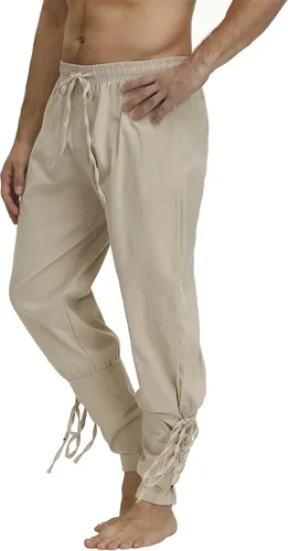 Vista 2 de Parlsdy Disfraz renacentista para hombre, pantalones vikingos, color marrón, mezcla moderna histórica, pantalones cargo talla XS, S, M, L, XL, 2XL