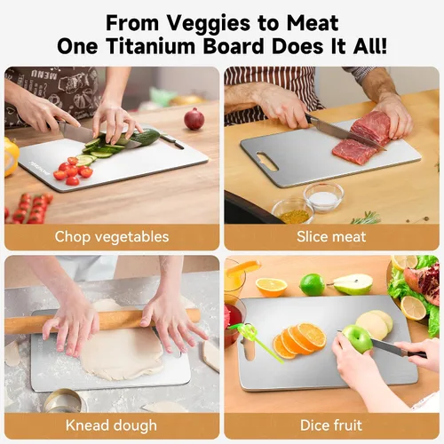 Vista 3 de Juego de 3 tablas de cortar de titanio para cocina, tabla de cortar de doble cara, 100% grado alimenticio, tablas de cortar con mango para carnes 3