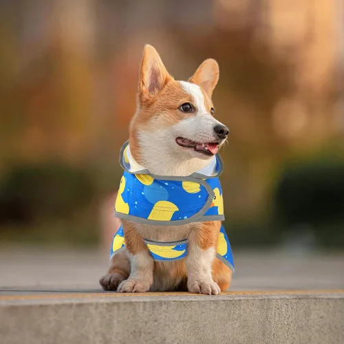 Vista 5 de Impermeable para perros pequeños y cachorros, chaqueta impermeable con capucha con tiras reflectantes, agujero para la correa y poncho de ajuste