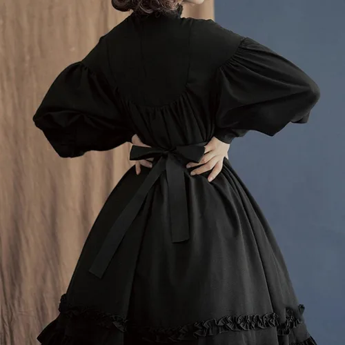 Vista 3 de Vestido gótico de Lolita para mujer, vintage, dulce, lindo vestido de retazos con mangas de farol, vestido renacentista con volantes y lazo