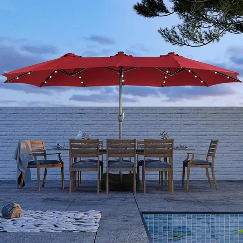 Vista 9 de MONDAWE Paraguas de patio de 15 pies con luces solares (base incluida) sombrilla grande de doble cara de aluminio rectangular de aluminio para mesa