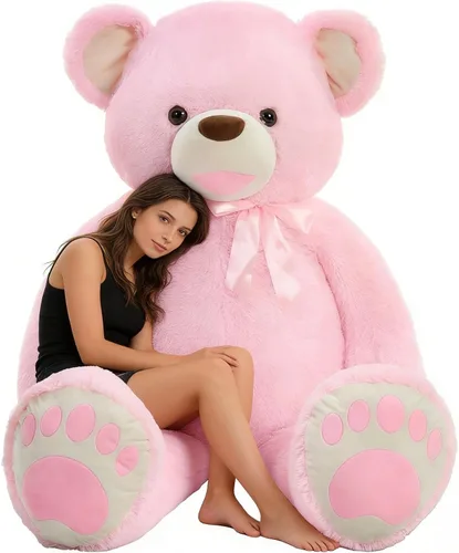 Vista 10 de Tezituor Oso de peluche gigante de 5 pies, suave y tierno oso marrón claro con patas grandes y pajarita, para novia o día de San Valentín
