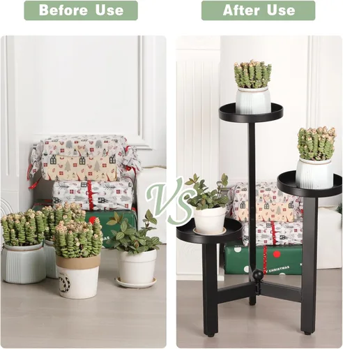 Vista 6 de Soporte para plantas de 3 niveles, estante de hierro de varios niveles de 25 pulgadas para vegetación interior y exterior Moderno estante
