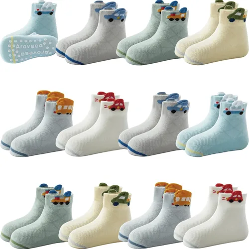 Vista 33 de Calcetines antideslizantes con agarre para tobillos, paquete de 12 unidades para niños pequeños, niños y niñas, lindos calcetines de algodón