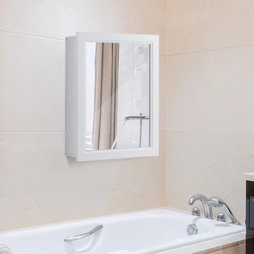 Vista 2 de GOFLAME Botiquín de baño, armario de almacenamiento con espejo de montaje en pared con una sola puerta y estante ajustable, organizador de madera