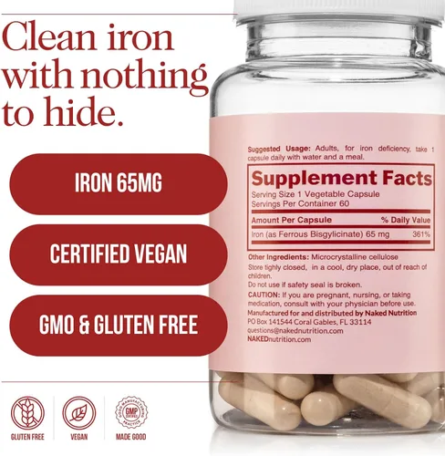 Vista 5 de Naked Iron 65mg, 325mg Ferro Bisglicinato - Suplemento de hierro de alta potencia para deficiencia de hierro, apoyo a la energía celular, promueve