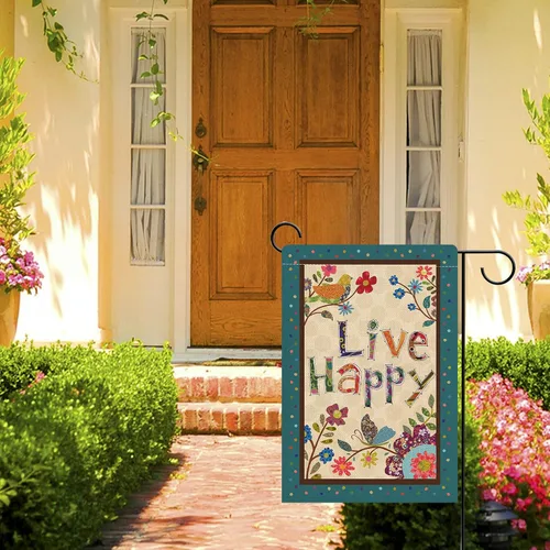 Vista 6 de Hzppyz Live Happy - Bandera decorativa pequeña para jardín con flores, pájaro, primavera y verano, cita inspiradora para casa, patio, decoración