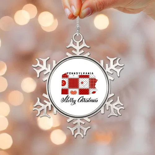 Vista 12 de Adorno de metal con texto en inglés «Merry Christmas» de Puerto Rico, recuerdo de recuerdo para árbol de Navidad, colgante de copo de nieve