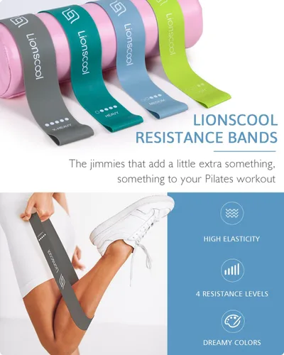 Vista 6 de LIONSCOOL Pilates Ring Set - 14" Anti-Deformation Magic Circle with Padded Handles, 9" Mini Ball, Elastic Latex Resistance Bands, Guide & Bag