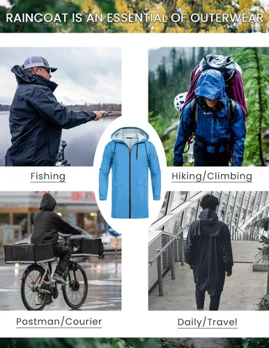 Vista 47 de COOFANDY Chubasquero largo para hombre, chaqueta impermeable para exteriores, con capucha