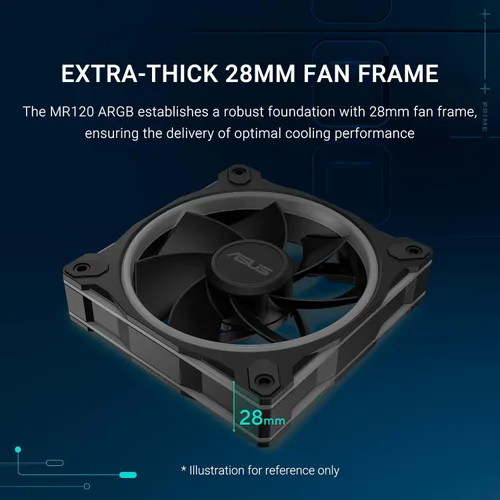 Vista 2 de ASUS Prime MR120 ARGB Fan Negro Paquete Triple, Marco Extra Grueso de 28mm, Silencioso, Enfriamiento de Alto Rendimiento con Control PWM, 20 LEDs