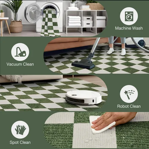 Vista 9 de Alfombra Lavable 5x7 de Cuadros, Alfombra de Área Verde y Blanca, Alfombras Grandes Boho para Sala de Estar, Alfombra de Bajo Pilo Ligera para Verde