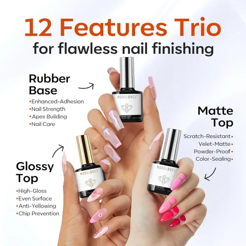 Vista 6 de modelones Juego de Base y Capa Superior para Esmalte de Uñas en Gel, 3 Piezas Base de Goma y Capa Superior de Gel Transparente Brillante y Mate a