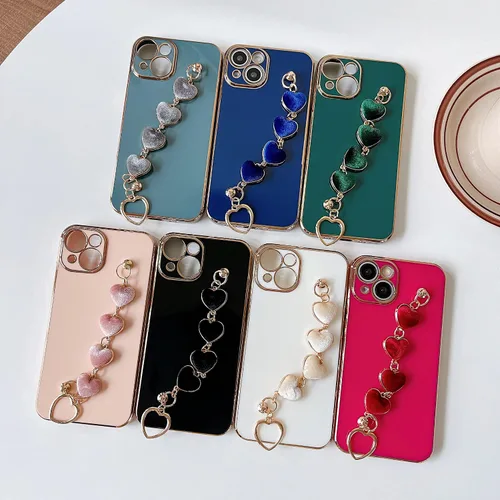 Vista 6 de Caseative Funda para iPhone 13 Pro Max, correa de muñeca con corazón chapado en amor, pulsera de cadena, funda suave para mujeres y niñas
