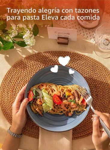 Vista 3 de Sweese Juego de 6 cuencos para pasta, platos de ensalada de cerámica de 30 onzas para lavavajillas y microondas, cuencos de ensalada sólidos Azul
