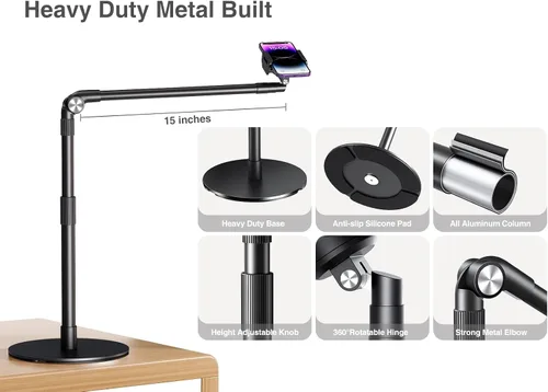 Vista 9 de elitehood Soporte de teléfono superior de aluminio resistente, soporte de iPhone de brazo largo de 15 pulgadas para grabación de video, soporte