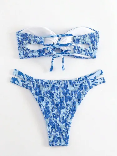 Vista 2 de MakeMeChic Traje de baño bandeau de 2 piezas para mujer, estampado floral, sin tirantes, nudo frontal, corte alto, conjunto de bikini