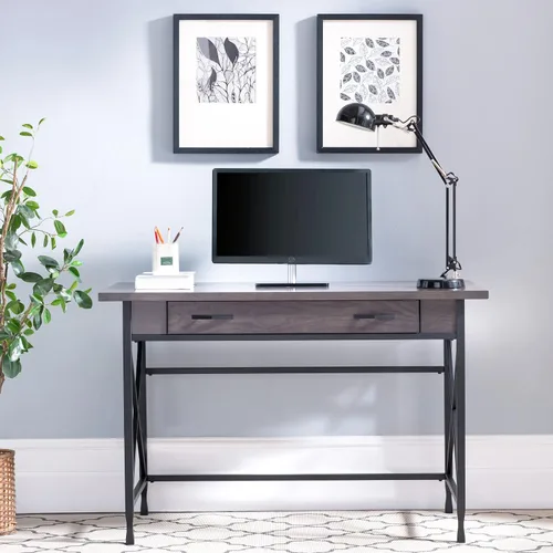 Vista 5 de Leick Home 23400 Chisel & Forge - Escritorio para computadora con cajón frontal para teclado, gris ahumado y negro mate