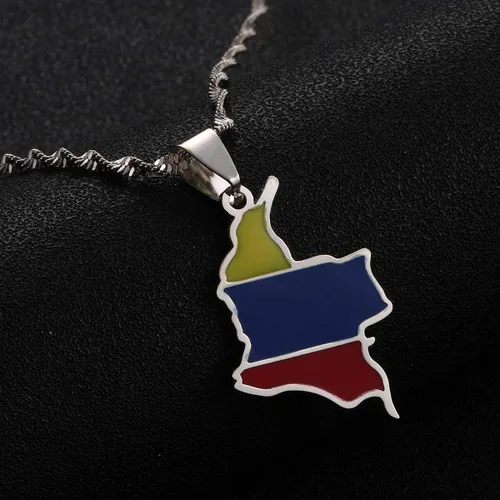 Vista 2 de Esmalte Colombia Mapa Colgante Collar Bandera Colombiana Mapa Joyas (plata), Acero inoxidable