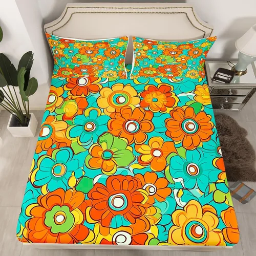 Vista 15 de Juego de sábanas ajustadas estilo 70s hippie retro para cama individual, juego vintage de otoño con hojas florales para niños y niños, juego de ropa
