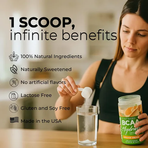 Vista 3 de About Time BCAA - Polvo de hidratación con L-glutamina y electrolitos, sin OMG, sin gluten, fruta de monje, agua de coco, 20 porciones