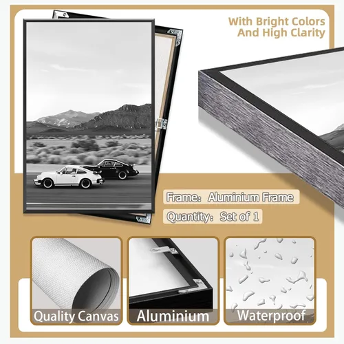 Vista 2 de Póster retro de auto en blanco y negro, lienzo de superdeportivo, arte de pared para amantes del automóvil, puesta de sol, paisaje de montaña