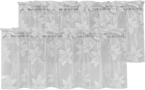 Vista 33 de DWCN Paquete de 2 cortinas traslúcidas pequeñas de encaje floral beige para cocina, cortinas traslúcidas ligeras con bolsillo para barra, cortinas