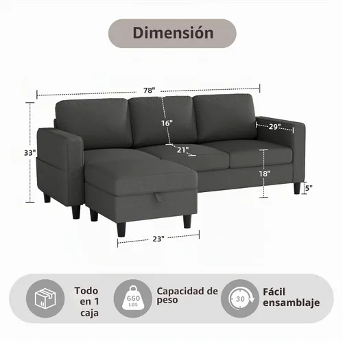 Vista 2 de Sofá modular para sala de estar, sofá gris oscuro de 3 plazas en forma de L con otomana de almacenamiento, cómodos sofás seccionales convertibles