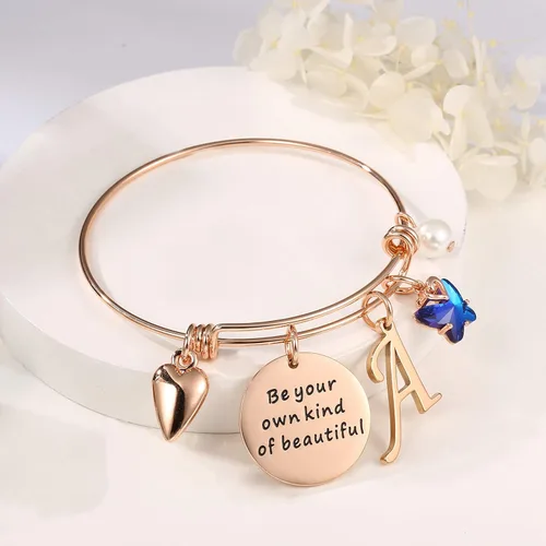 Vista 6 de Pulseras con dije de mariposa para mujer brazalete extensible con mensaje inspirador en inglés Be Your Own Kind of Beautiful joyería personalizada