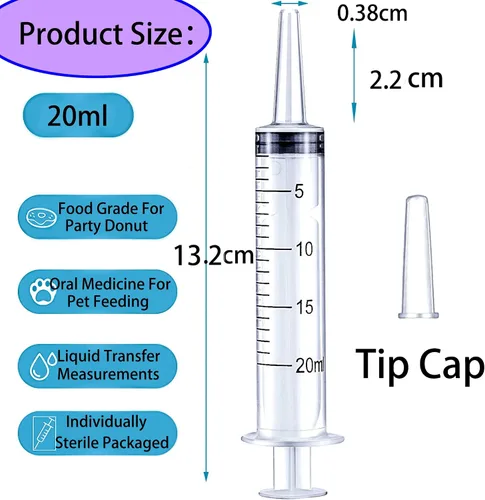 Vista 2 de Paquete de 10 jeringas de plástico de 0.7 onzas líquidas, con tapa, jeringas grandes, punta de catéter sellada individualmente con medición