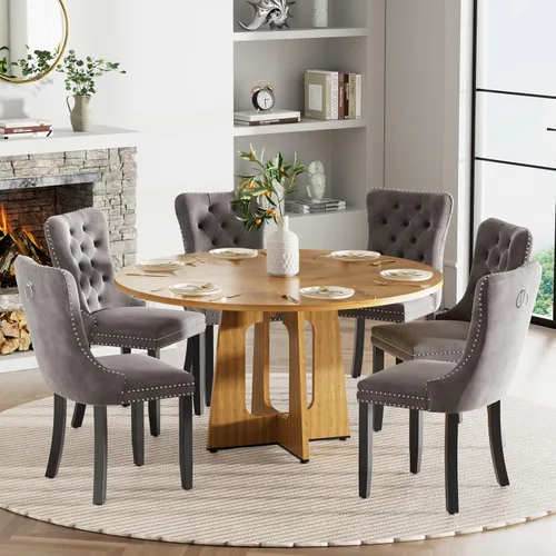 Vista 21 de Mesa de comedor redonda estilo granja para 6, mesa de cocina circular de 47" MDF con acabado de grano de madera, mesa de cocina y comedor de madera