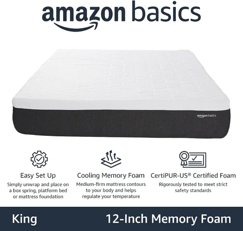 Vista 2 de Amazon Basics - Colchón de espuma viscoelástica con gel, firme, refrescante, tamaño King, espuma certificada CertiPUR-US®, 80 x 76 x 12 pulgadas