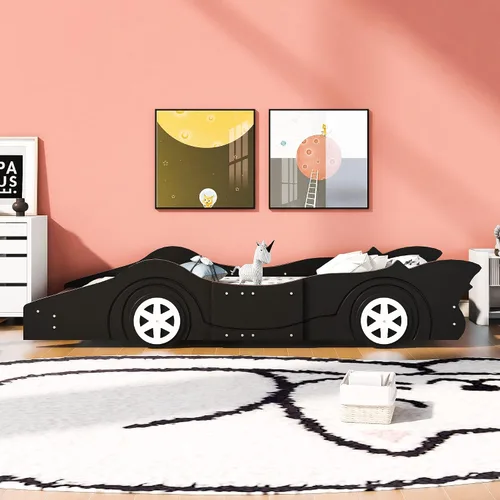 Vista 3 de anwickjeff Cama de plataforma en forma de auto de carreras con ruedas, cama de plataforma de madera tamaño individual con barandilla, cama