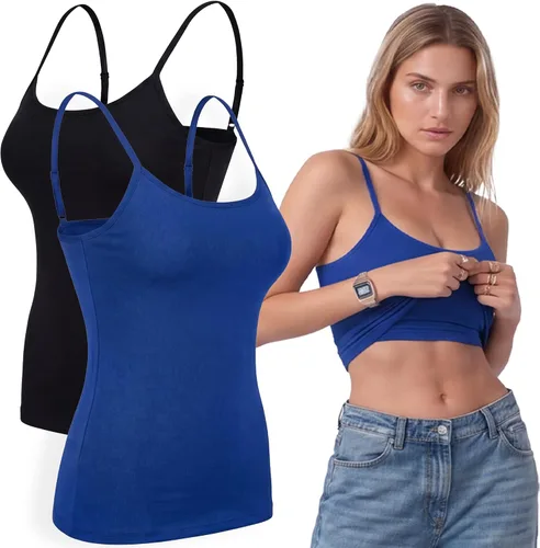 Vista 117 de Emmalise Camiseta de mujer con brasier integrado, soporte de tela sin varillas, camisola corta