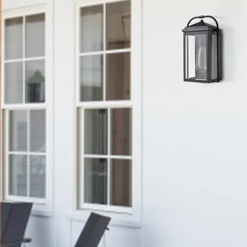 Vista 4 de Lámpara de pared exterior antioxidante negra – Farol de pared impermeable de cristal transparente para exteriores, patio, porche, garaje, puerta