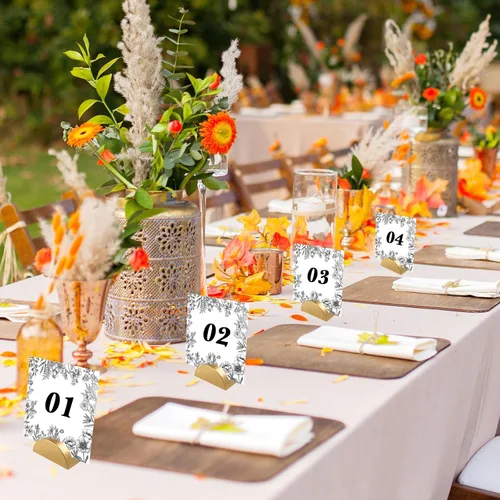 Vista 5 de 20 soportes dorados para números de mesa de boda, de madera, para colocar tarjetas de mesa de agradecimiento, mesas semicirculares, soportes