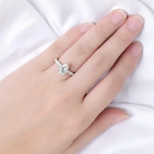 Vista 5 de DovEggs Center 3ct 7x10mm G-H-I Color Pear Cut Moissanite Hidden Halo Engagement Ring with accents 14k Gold Quality Silver Wedding Engagement Ring