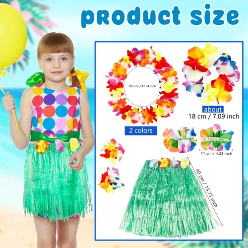 Vista 2 de Juego de 14 piezas de falda hawaiana de hierba hula con flores, pulsera de flores, clip para el cabello, traje hawaiano para fiesta de playa