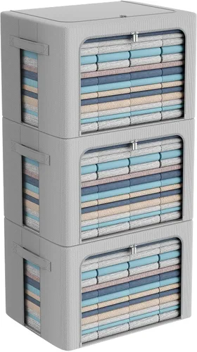 Vista 16 de Paquete de 3 cajas de almacenamiento con marco, bolsas de almacenamiento de ropa, tela Oxford, plegable, apilable, juego organizador con ventana
