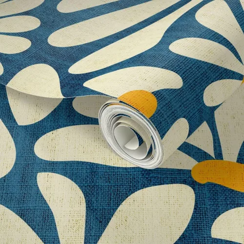 Vista 2 de Spoonflower Despegar y pegar papel tapiz Swatch - Retro Daisy Flower Power Blue Floral Vintage Groovy 70S 60S Papel pintado extraíble personalizado
