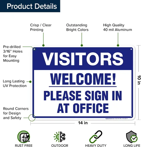 Vista 6 de Letrero con texto en inglés «Welcome Please Sign In at Office», 10 x 14