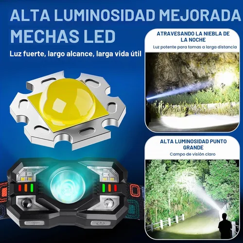 Vista 3 de Linterna frontal recargable, 1200 lúmenes súper brillante LED con sensor de movimiento, 10 modos, impermeable, ligera, linterna con luz roja