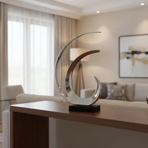 Vista 9 de Oleada Onda Escultura, Abstracto, Escultura, Aluminio, Plata, Base Negra, Ola del Océano, Moderno, Mesa, Arte, 12" x 4" x 18