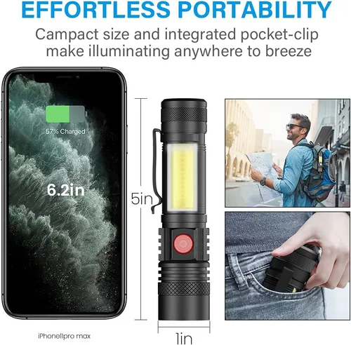 Vista 7 de Linterna recargable por USB, linternas magnéticas LED, linternas tácticas súper brillantes con luz lateral mazorca, impermeable, zoomable, 6 modos