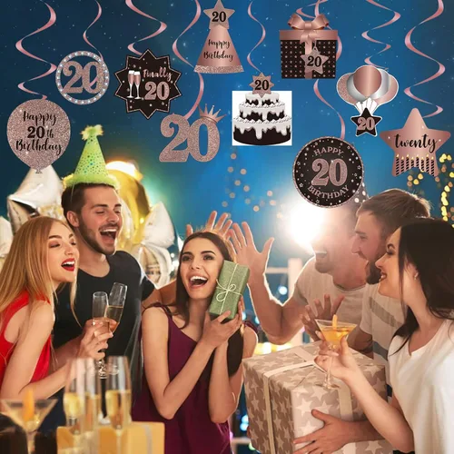 Vista 5 de Decoración de techo de remolinos colgantes de 20 años, 20 espirales colgantes de papel de aluminio con recortes para 20 años de edad, suministros