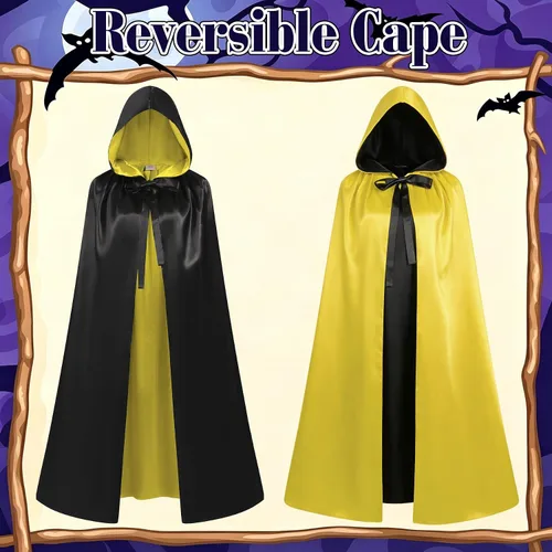 Vista 2 de Capa de vampiro con capucha, capa reversible con capucha Capa con capucha de vampiro negro y amarillo