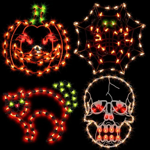 Vista 2 de LAMPHOME Decoraciones de Halloween – Silueta de ventana, linterna iluminada, telaraña, calavera, gato para fiesta, hogar, interior, adornos de mesa